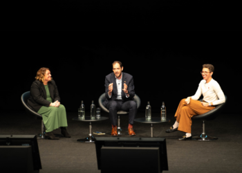 Financial wellbeing panel at the CIPD Annual Conference 2024 in Manchester. l-r Rebecca Pearson, Bupa UK Care Services, Owain Service, CEO at behavioural science research firm CogCo, Emily Trant, chief impact officer at Wagestream.