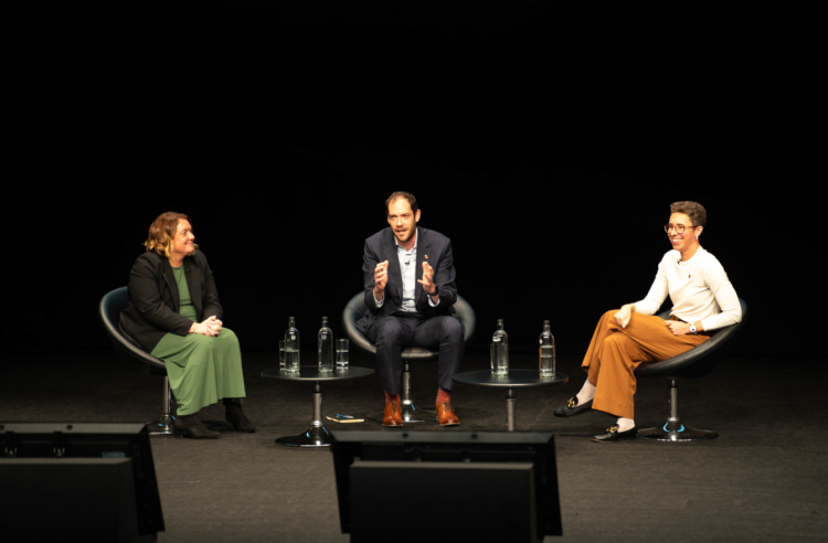 Financial wellbeing panel at the CIPD Annual Conference 2024 in Manchester. l-r Rebecca Pearson, Bupa UK Care Services, Owain Service, CEO at behavioural science research firm CogCo, Emily Trant, chief impact officer at Wagestream.
